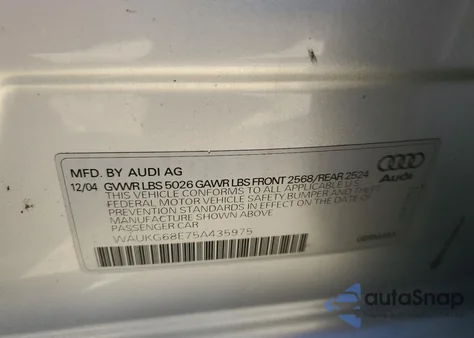 2005 Audi A4 3.2 Avant Quattro из США, поврежденный, VIN WAUKG68E75A435975